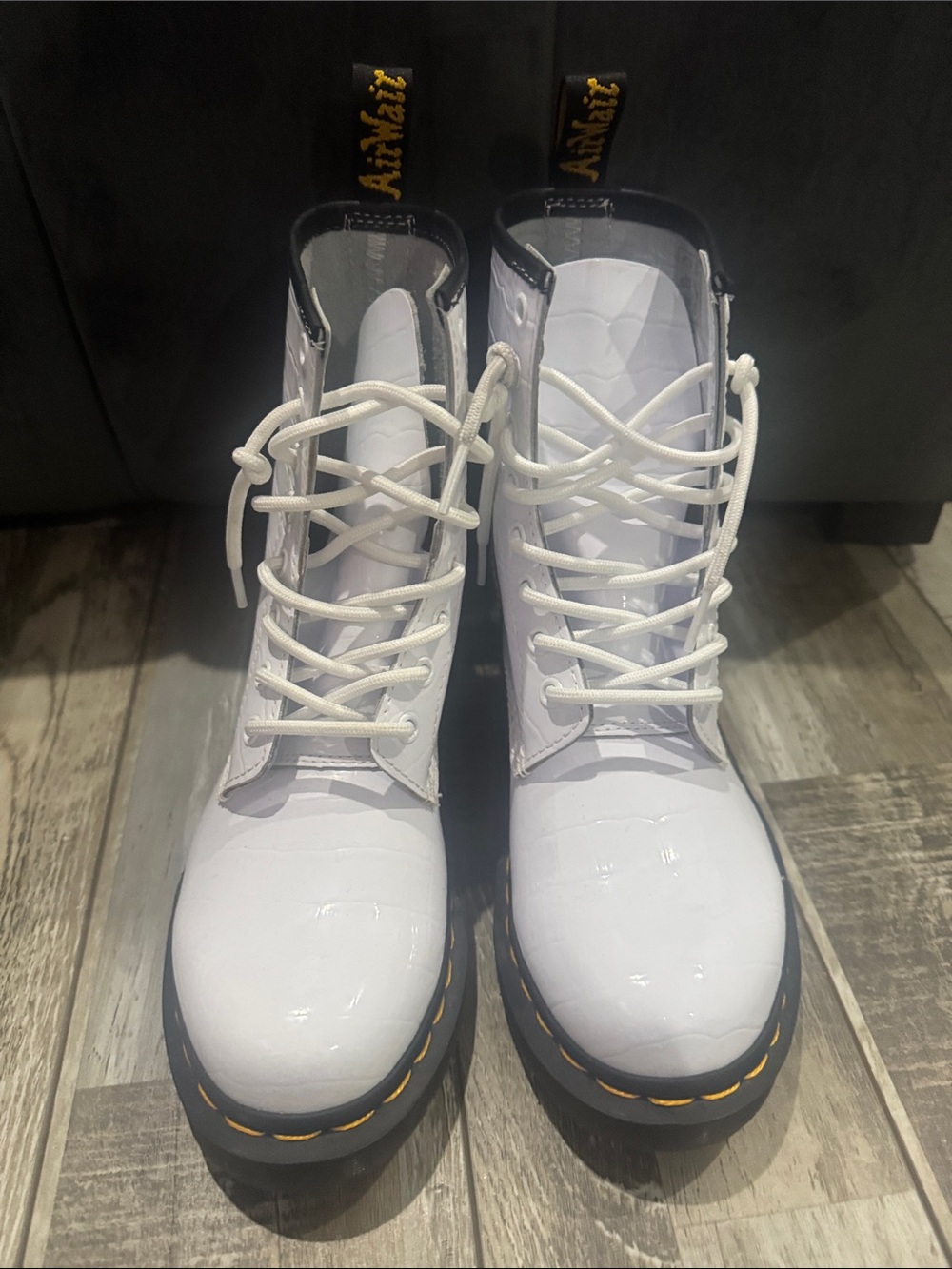 Dr. Martens White Patent Lace-Up Combat Boots with Yellow Stitching